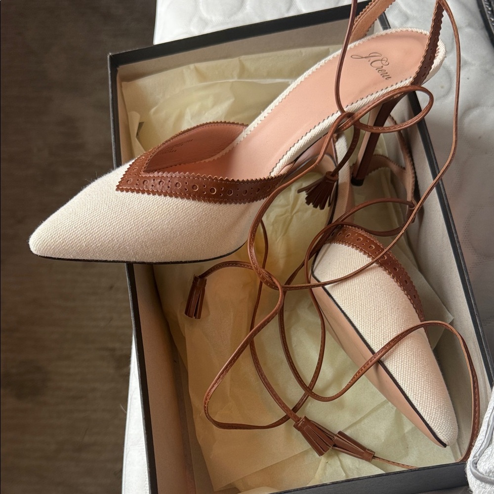 J.Crew Cream and Brown Lace-Up Heels